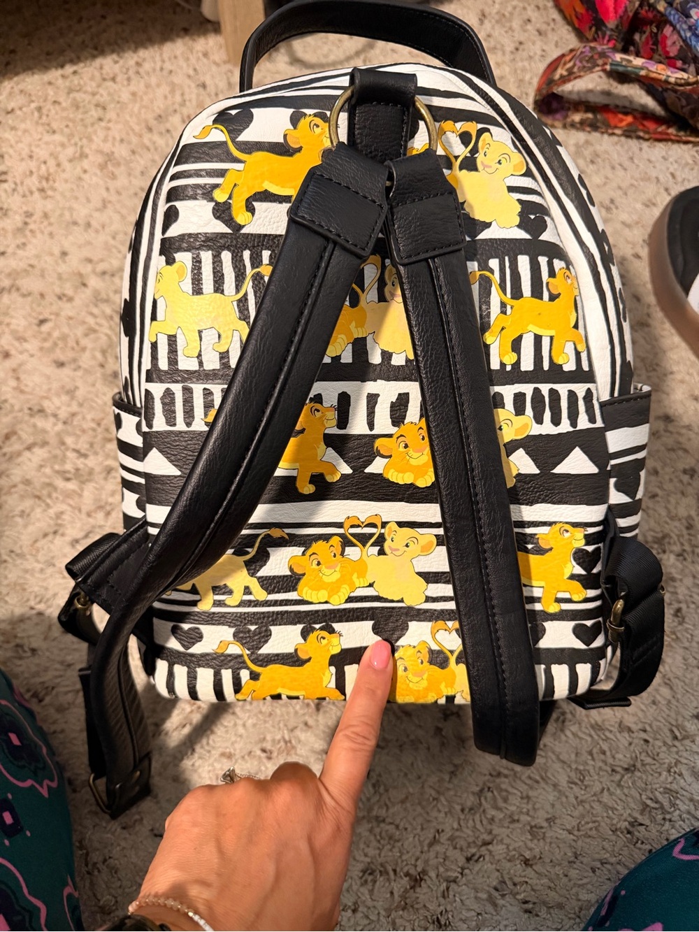 Disney Yellow Simba Pattern Backpack on Black & White Stripes - Picture 3 of 3